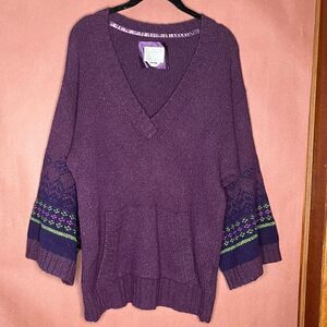 Old Navy Fair Isle Wide Sleeve V neck Sweater kangaroo pocket Vintage XL